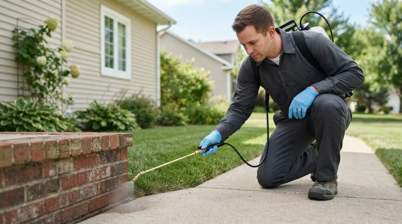 Pest control technician treating a home near Rocky Point, NY